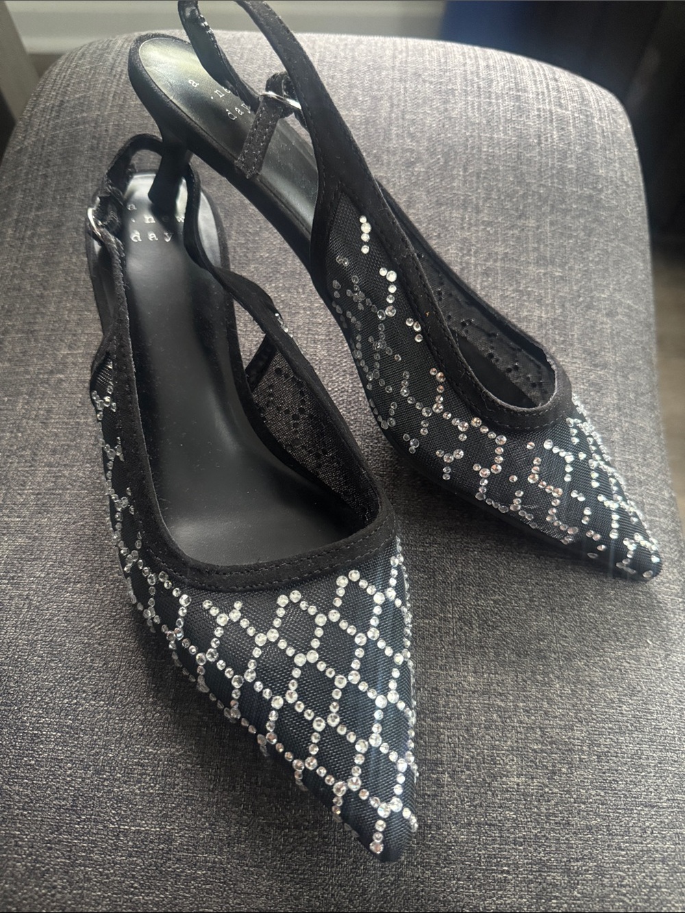a new day Black Rhinestone Mesh Pointed Slingback Flats - Picture 1 of 7